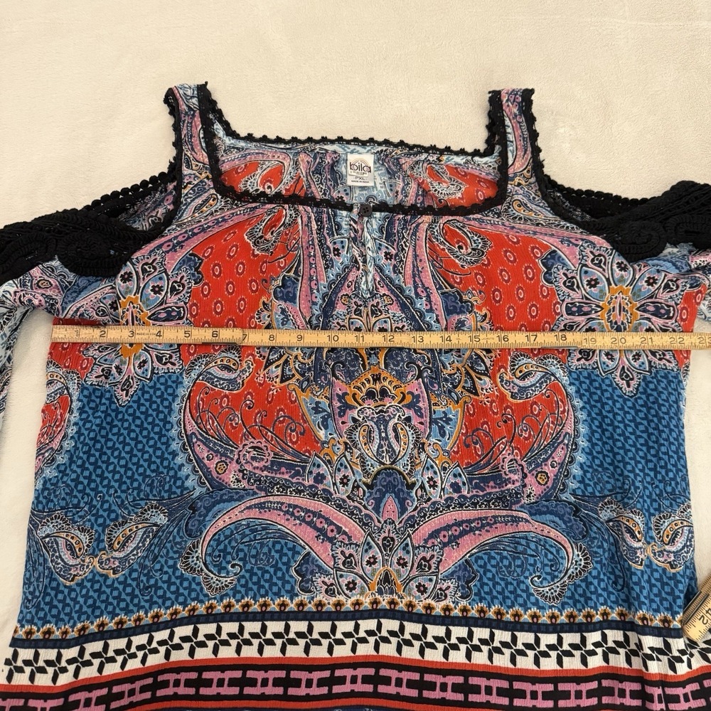 Bila Cold Shoulder Boho Top PXL– Multicolor Paisley Print, Crochet Trim Petite - Picture 8 of 12